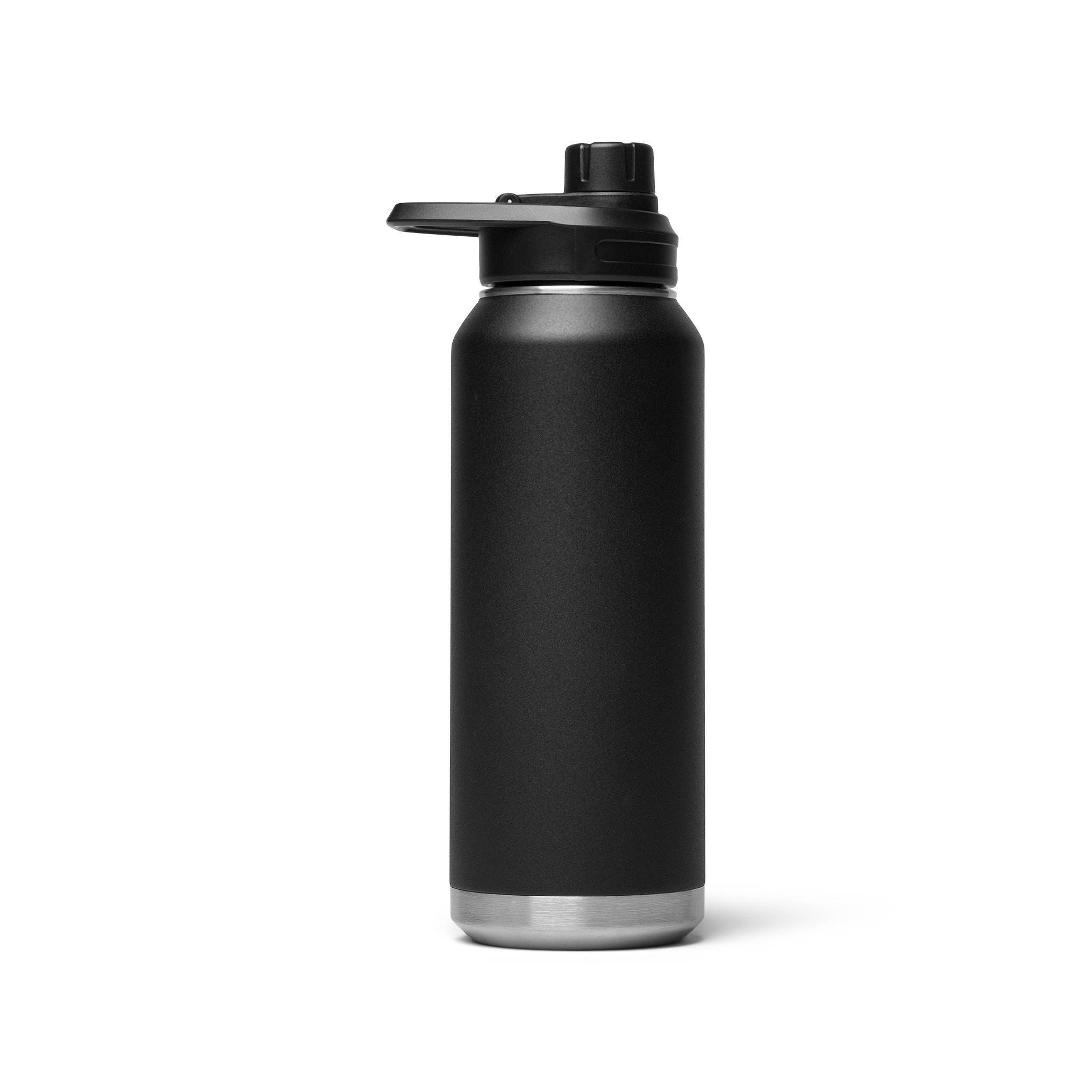 A black 32 oz. water bottle with a flip-top lid.