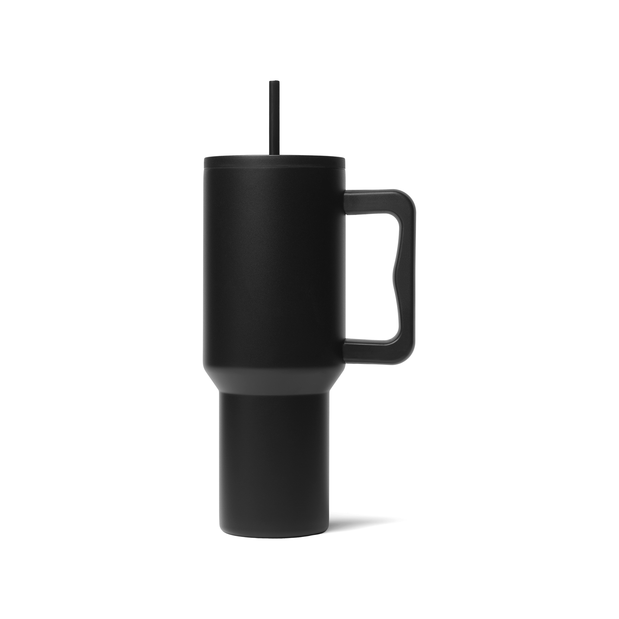 A black Mega Tumbler 40 oz with a new lid and a straw.