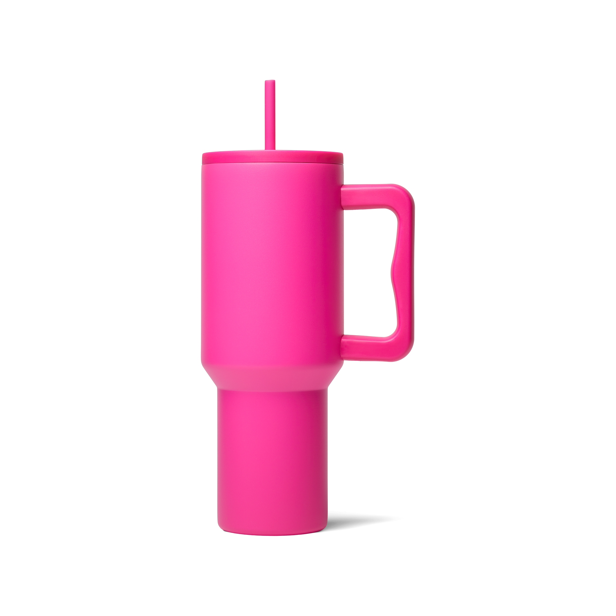 A hot pink Mega Tumbler 40 oz with a new lid and a straw.