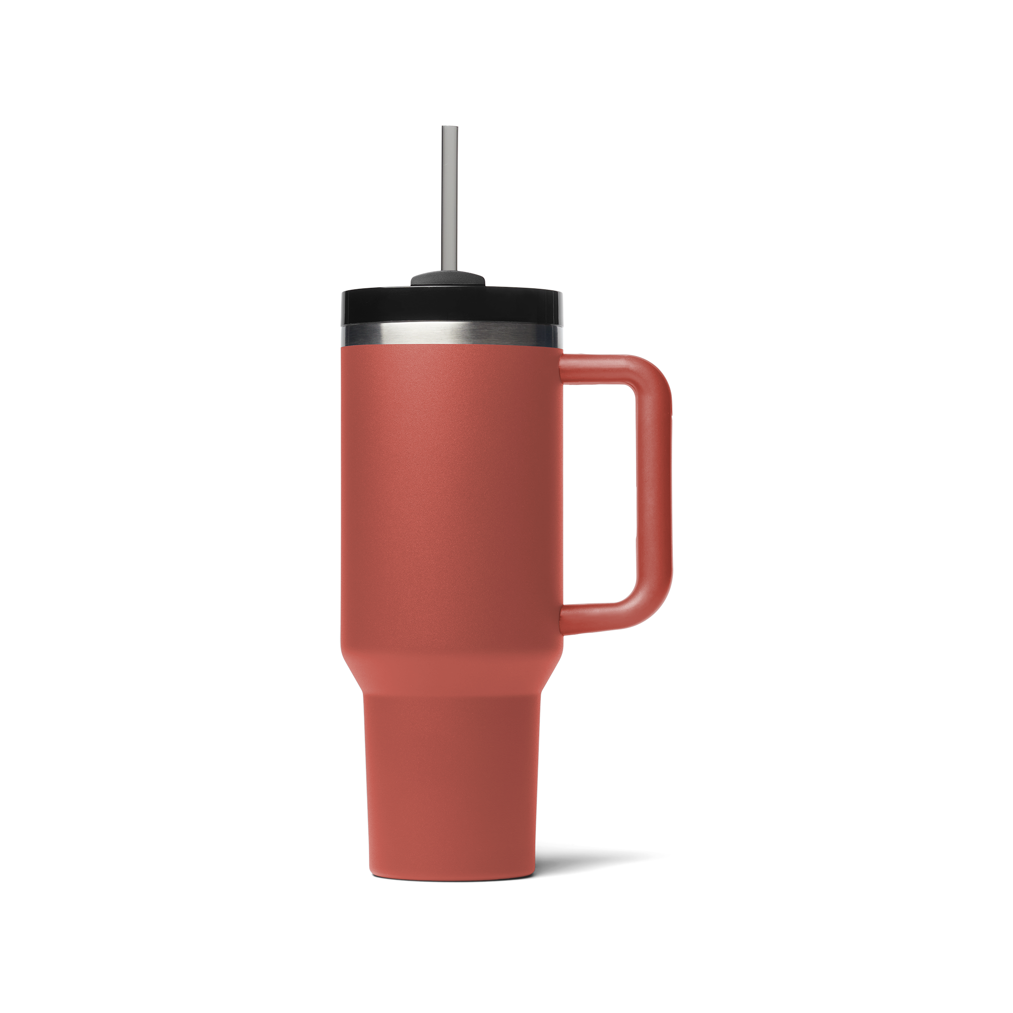 A rusty red Mega Tumbler 40 oz with a lid and a straw.
