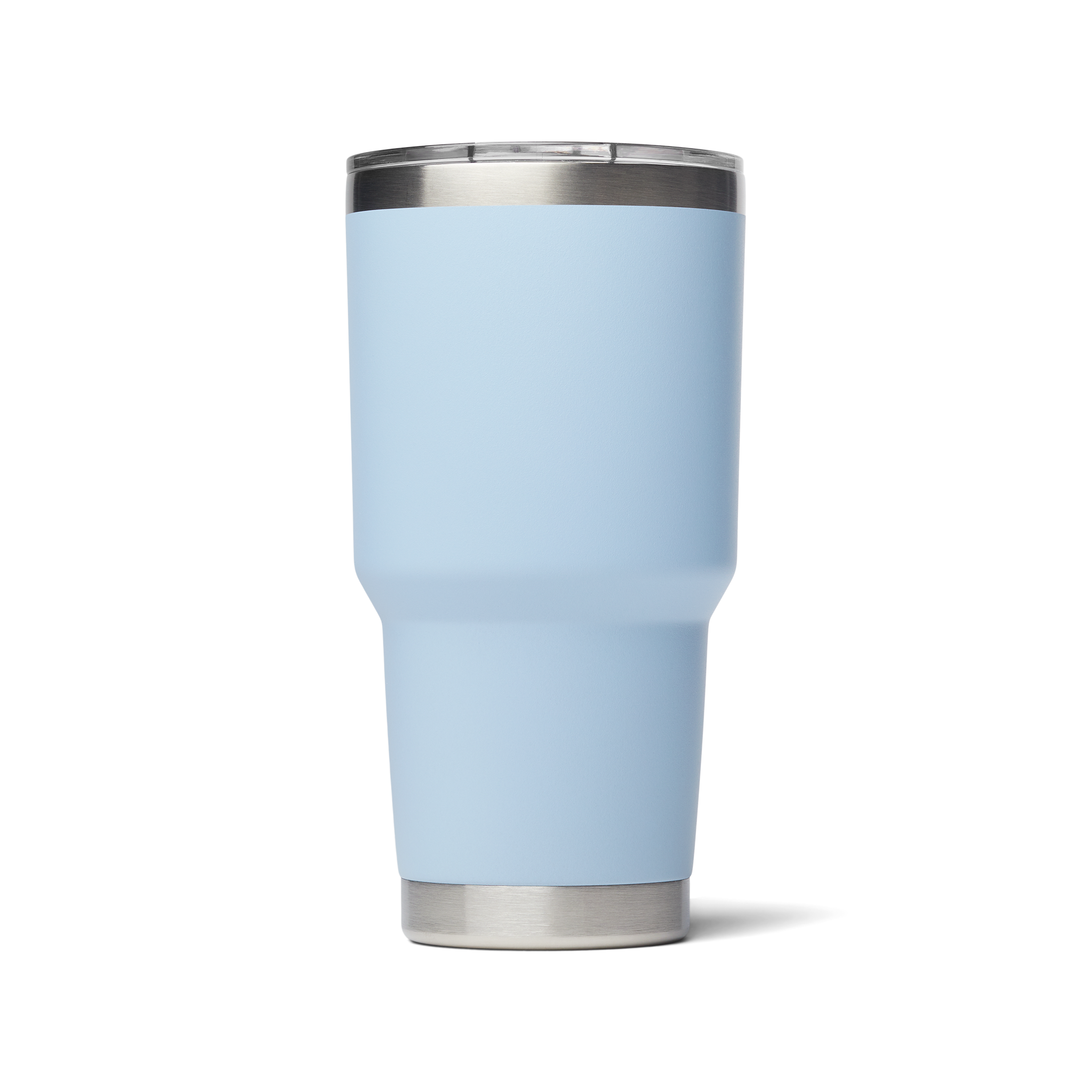 A light blue 30 oz tumbler with magnetic slider lid. Stainless steel.