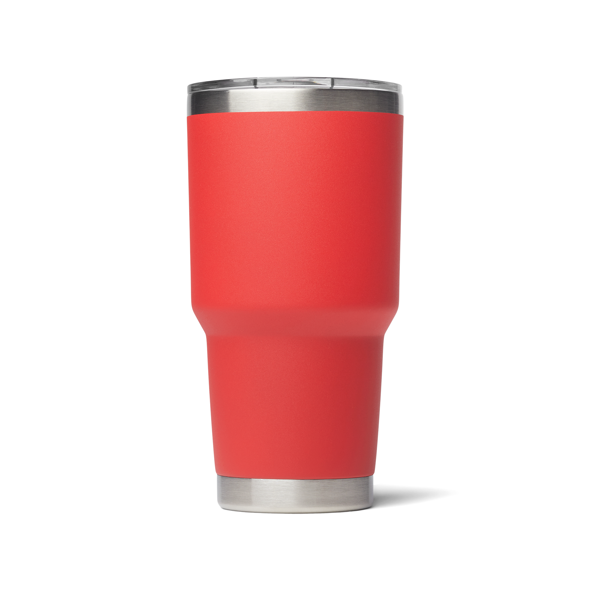 A red 30 oz tumbler with magnetic slider lid. Stainless steel.
