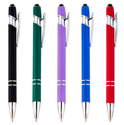 A collection of stylus pens in various solid colors including black, green, purple, blue, red, and a silver-colored cap.